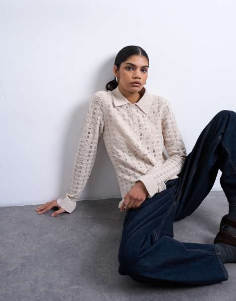 Topshop knit button up frill top in oat - view 1