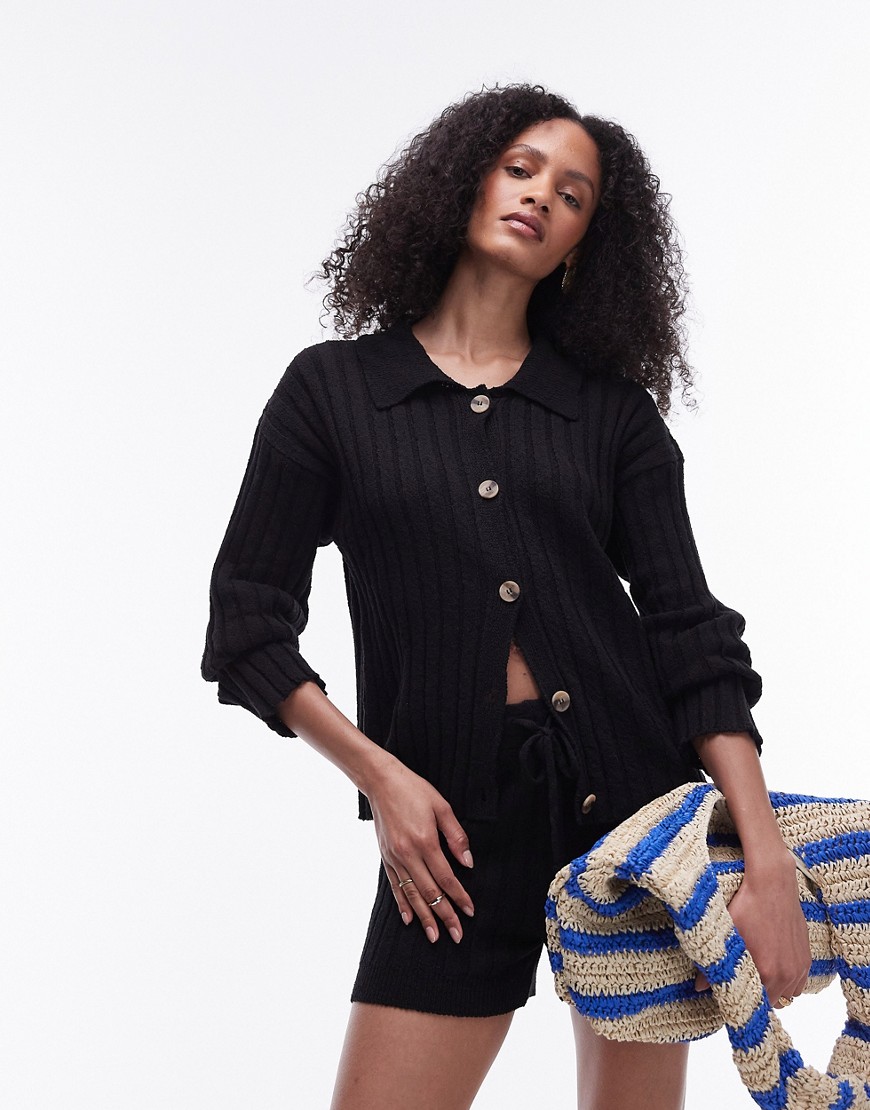 Topshop Knit Button Up Ribbed Shirt In Black - Part Of A Set