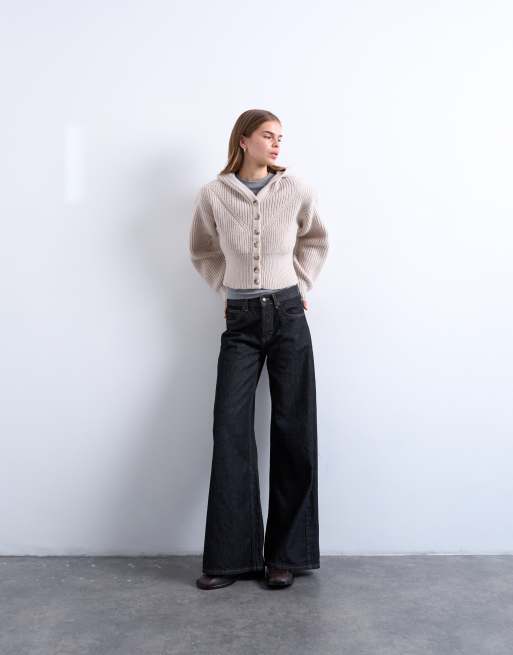 Topshop knit button up shoulder padded hoodie in oat, 2 of 4