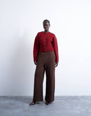 Topshop Knit Cable Fitted Waist Cardigan In Red