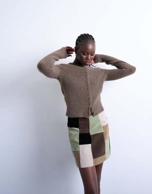 Topshop Knit Cardigan With Covered Buttons In Brown