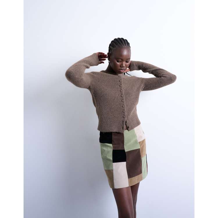 Topshop knit cardigan with covered buttons in brown | ASOS