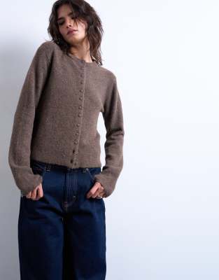 Topshop knit cardigan with covered buttons in brown | ASOS
