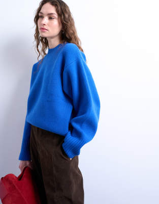 Topshop Knit Chunky All-needle Clean Crew Sweater In Blue