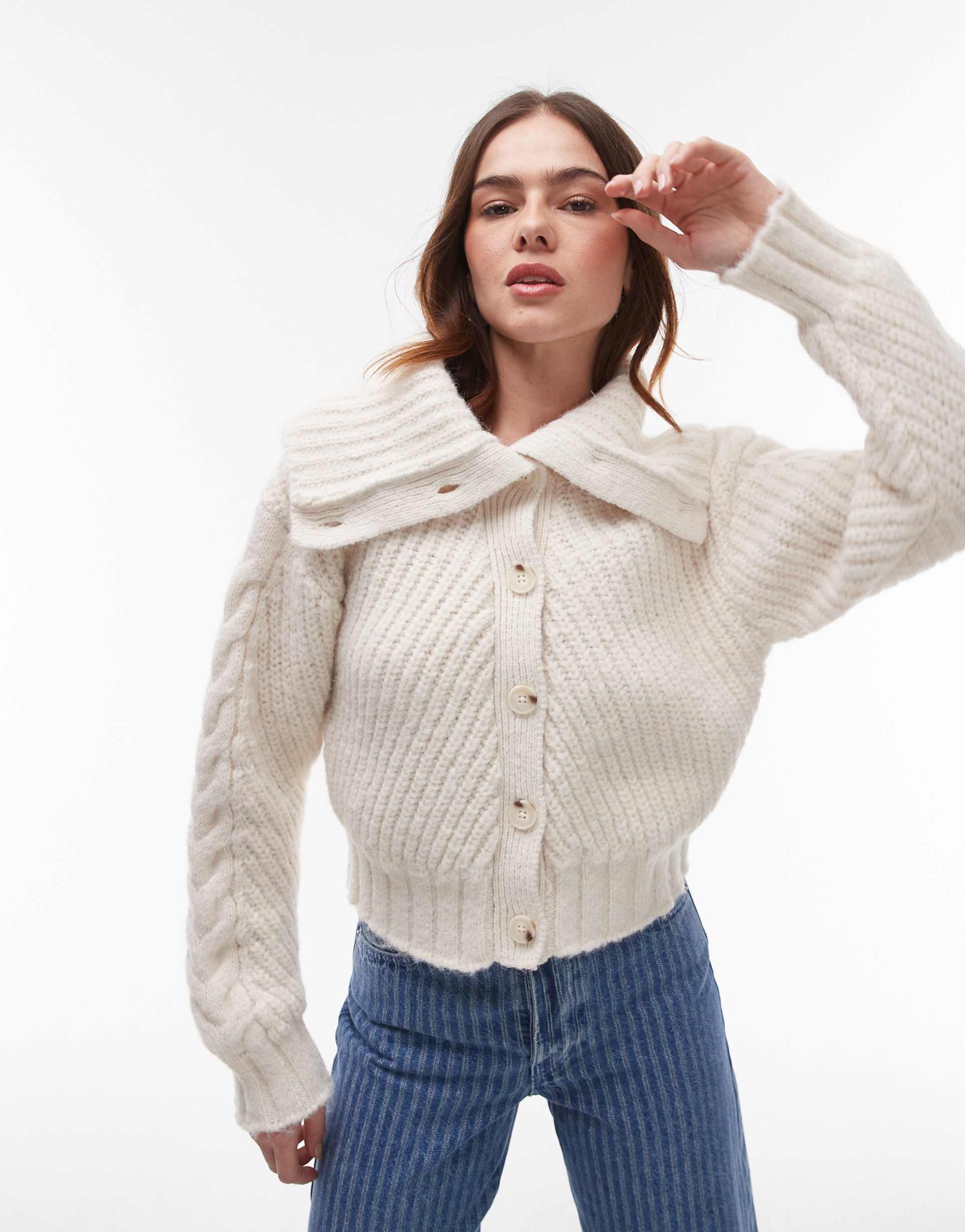 topshop knit chunky cable collar cardigan in ivory