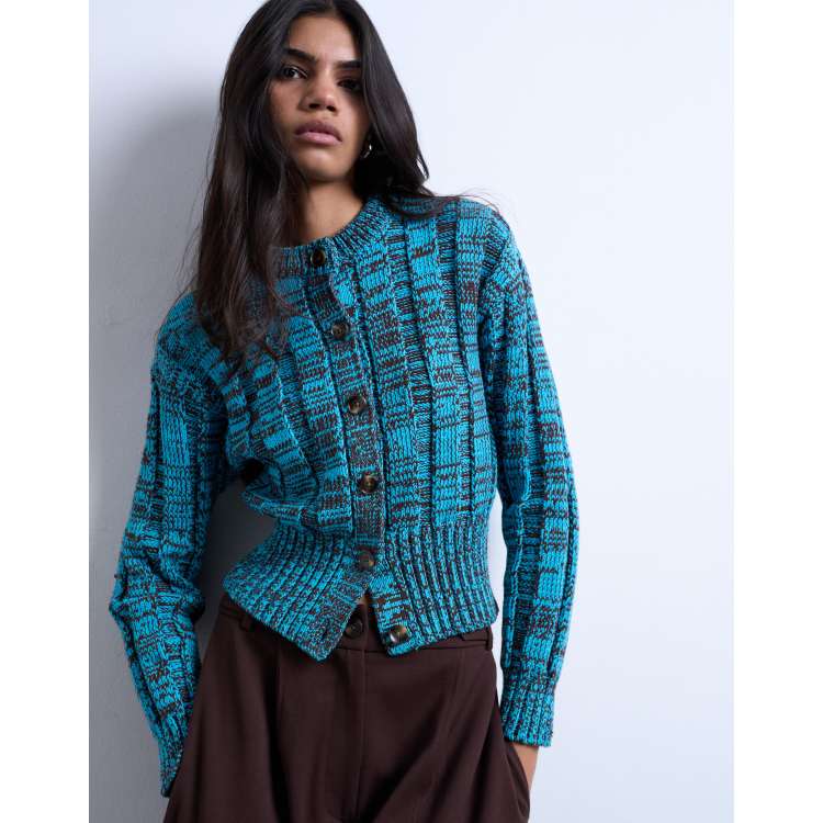 Topshop knit chunky cinch waist twist cardigan in blue and
