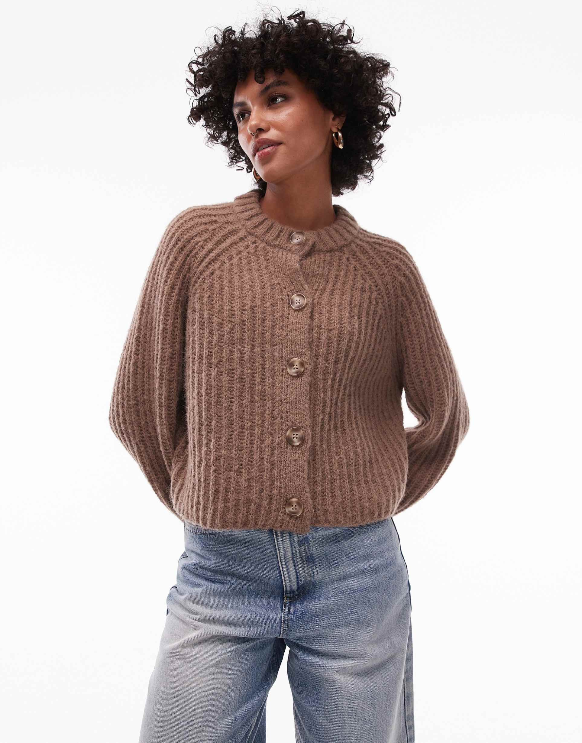 topshop knit chunky crew neck cardigan in brown