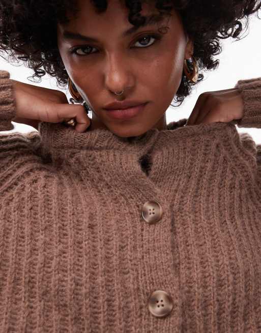 Topshop knit chunky crew neck cardigan in brown | ASOS