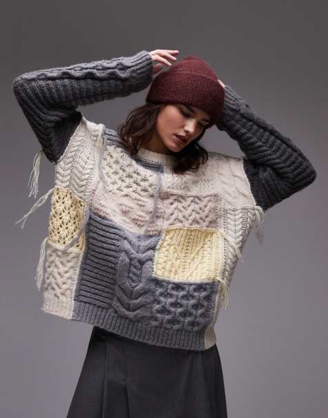 Topshop knit chunky oversized patchwork sweater in multi - view 1