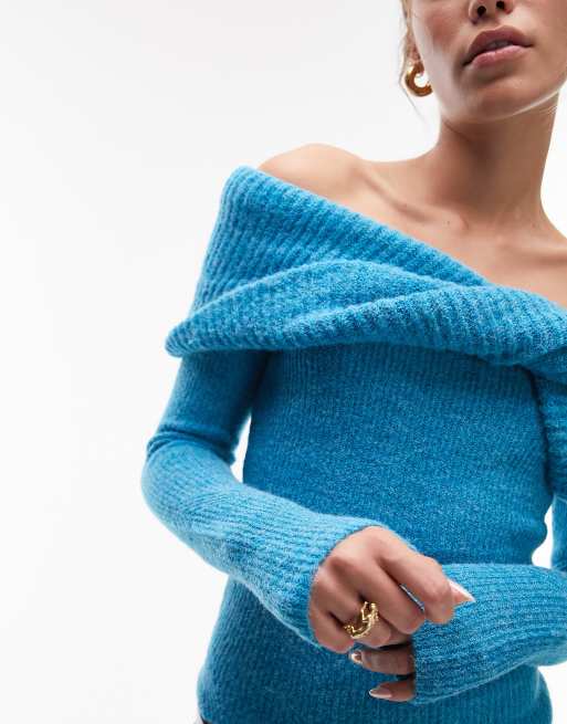 Topshop knit chunky twist bardot top in blue, 4 of 4