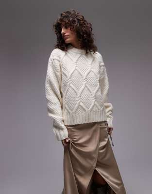 knit chunky twist cable crew neck oversized sweater in ivory-White