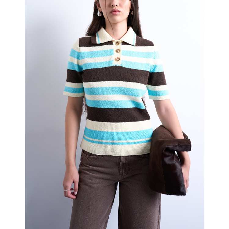 Topshop knit cinched polo top in multi stripes | ASOS