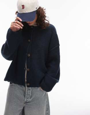 Shop Topshop knit clean exposed seam crew relaxed cardigan in navy Online – Trendy & Affordable Fashion