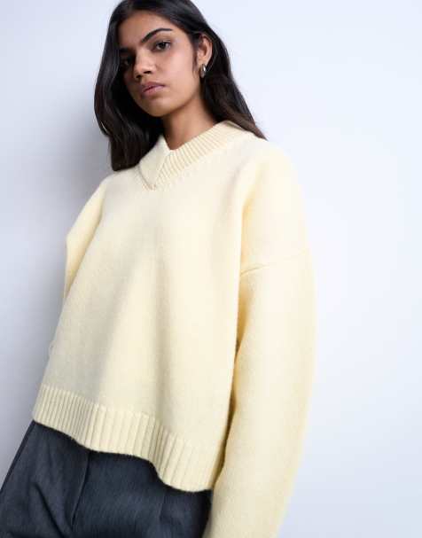 Topshop knit clean premium lambswool v neck sweater in yellow - view 1