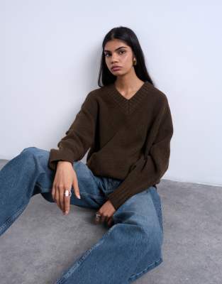 Topshop Knit Clean V-neck Sweater In Brown
