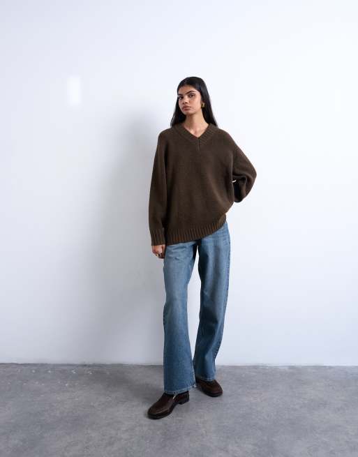Topshop knit clean v-neck sweater in chocolate