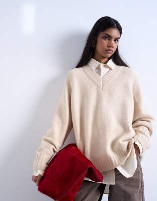Topshop Knit Clean V-neck Sweater In Neutral