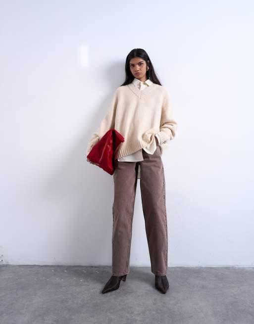 Topshop knit clean v-neck sweater in oat