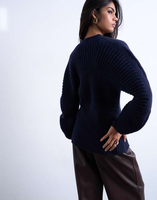 Topshop knit cocoon sleeves cinch cardigan in navy, 4 of 4