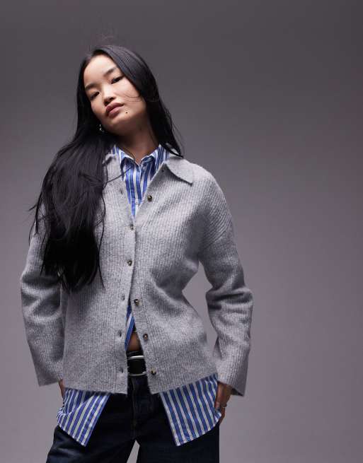Topshop knit collar ribbed button up relaxed shirt in gray