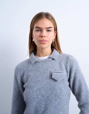 Topshop Knit Collared Long Sleeve Sweater-gray