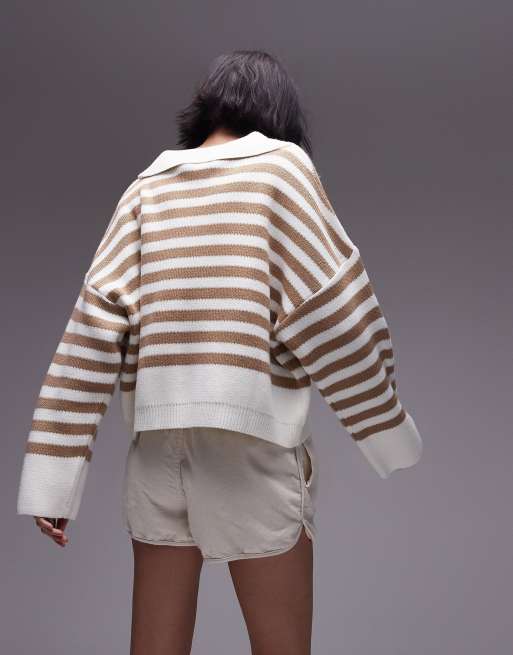 Topshop knit collared striped sweater in brown and white, 4 of 4