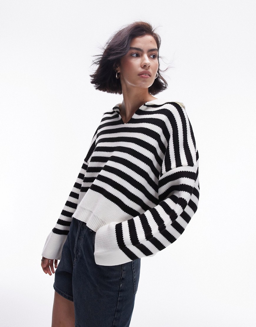 Topshop Knit Collared Striped Sweater In Mono-black