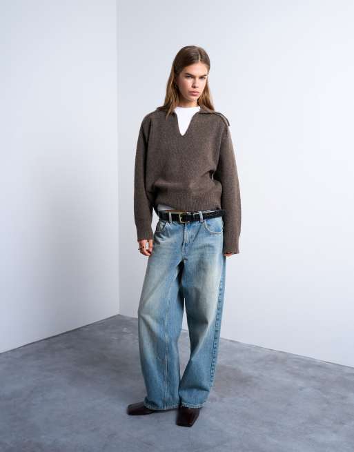 Topshop knit collared sweater in brown | ASOS