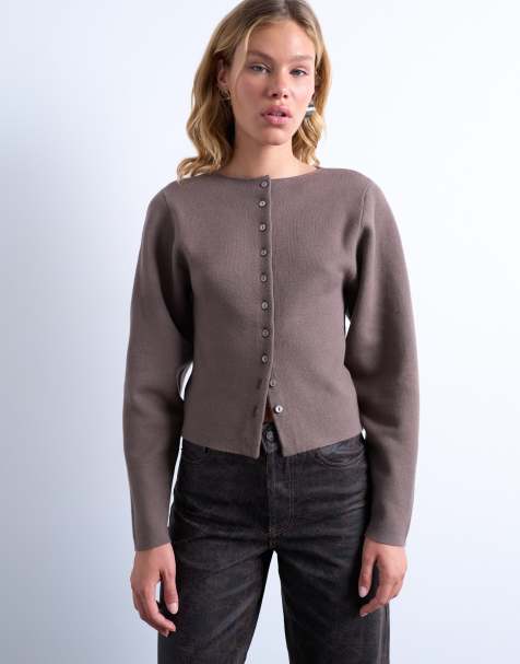Topshop knit compact balloon sleeve cardigan in oat - view 1