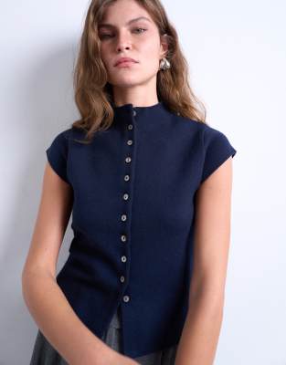Topshop Knit Compact Cap Sleeve Vest In Blue