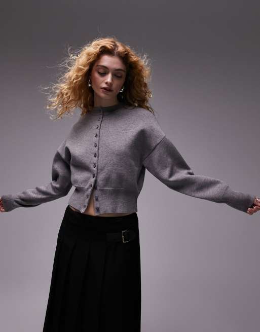 Topshop knit compact fitted waist cardigan in gray