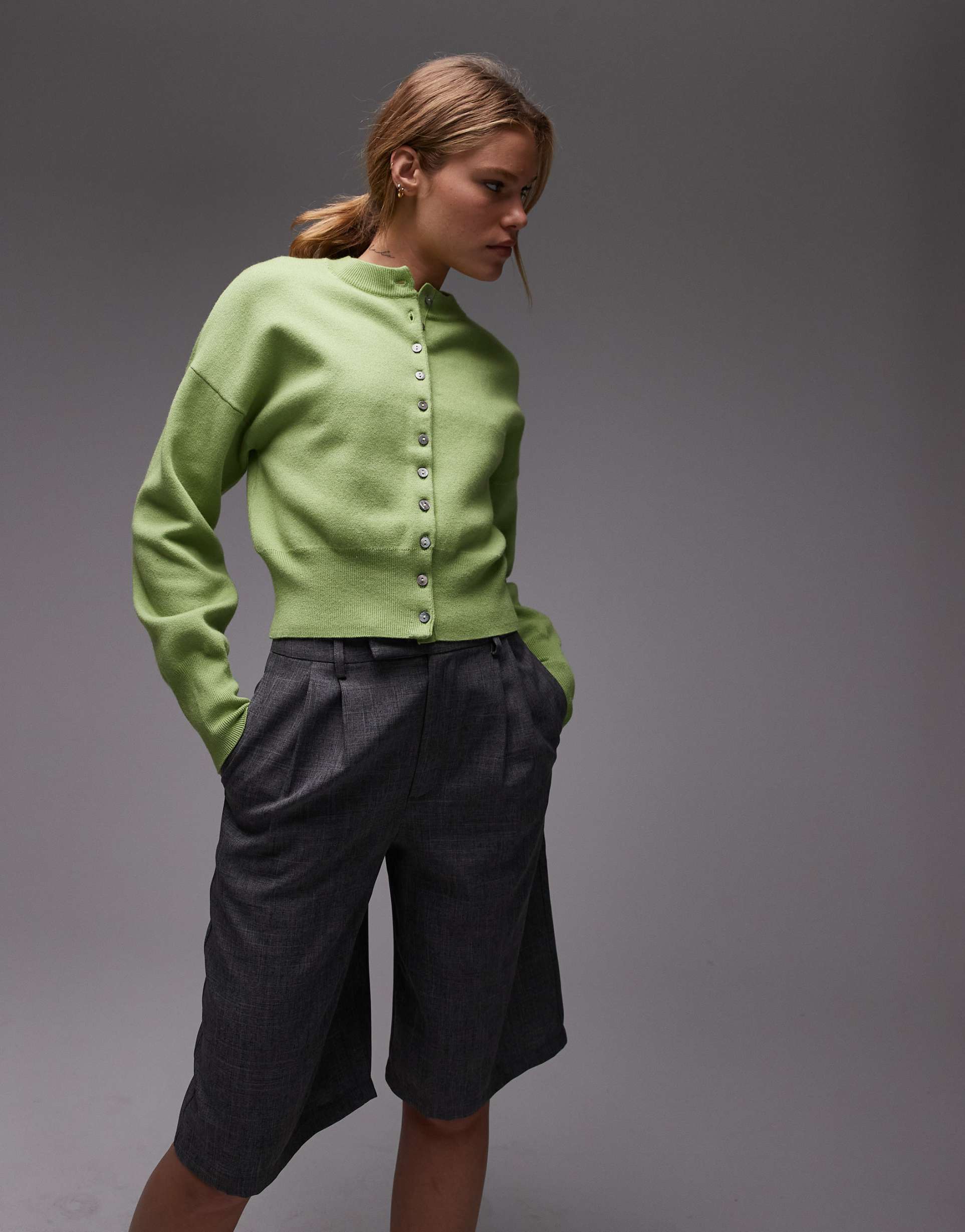 topshop knit compact fitted waist cardigan in green