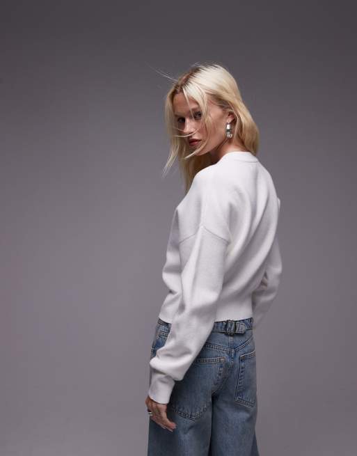 Topshop knit compact fitted waist cardigan in ivory