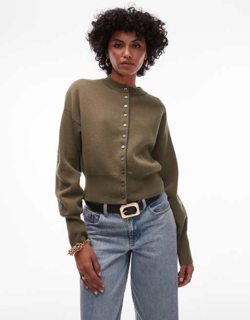 Topshop knit compact fitted waist cardigan in olive, 4 of 4