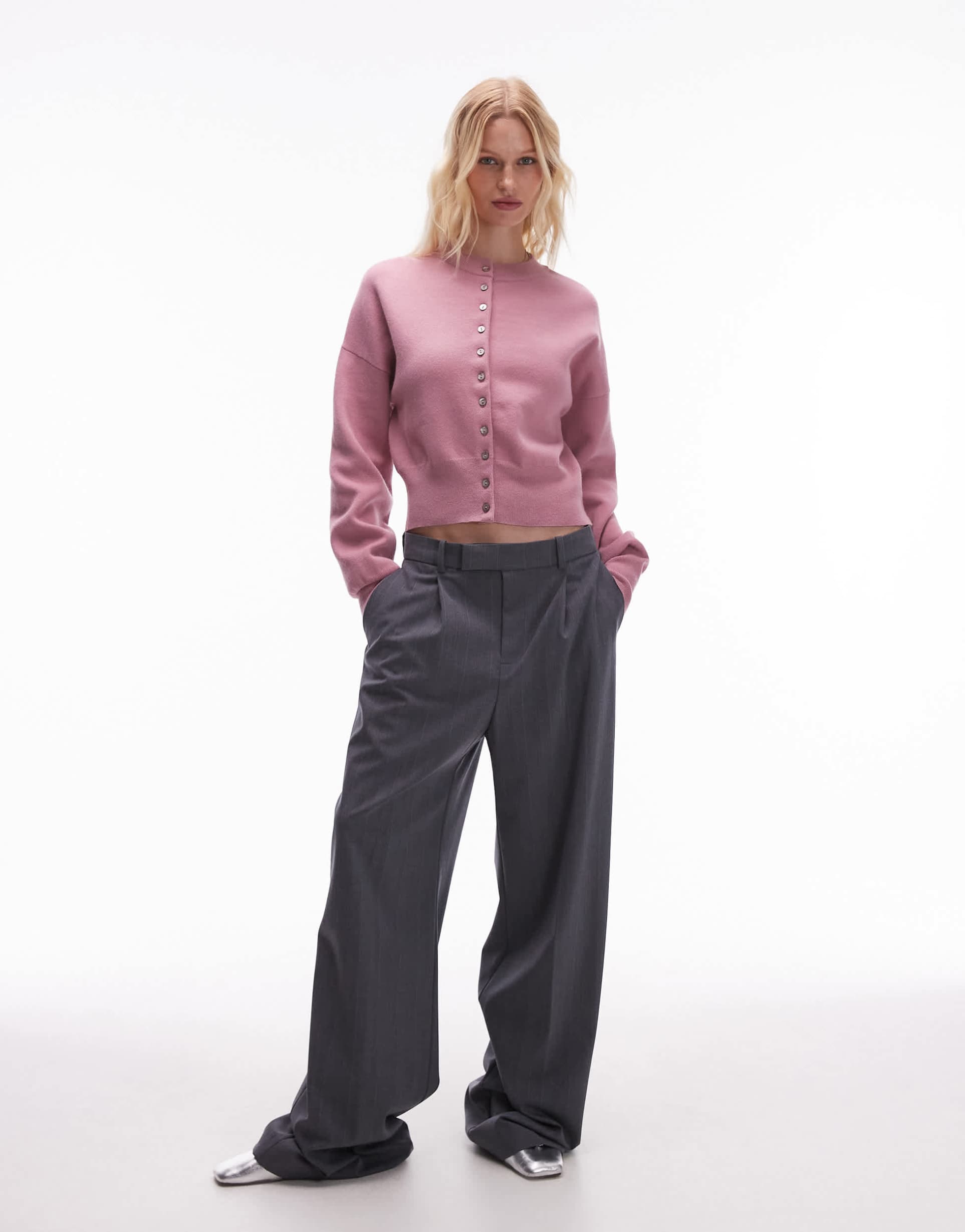 topshop knit compact fitted waist cardigan in pink