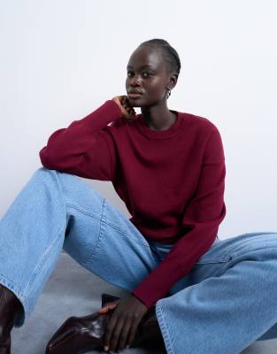 Topshop Knit Compact Fitted Waist Sweater In Burgundy