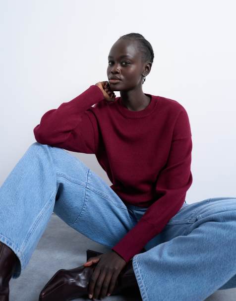 Topshop knit compact fitted waist sweater in burgundy - view 1
