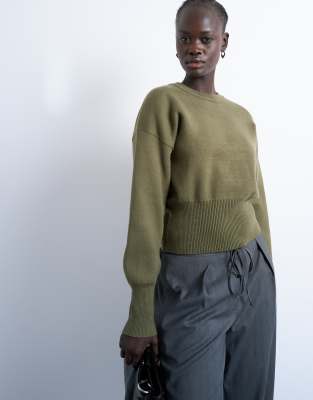 Topshop Knit Compact Fitted Waist Sweater In Green