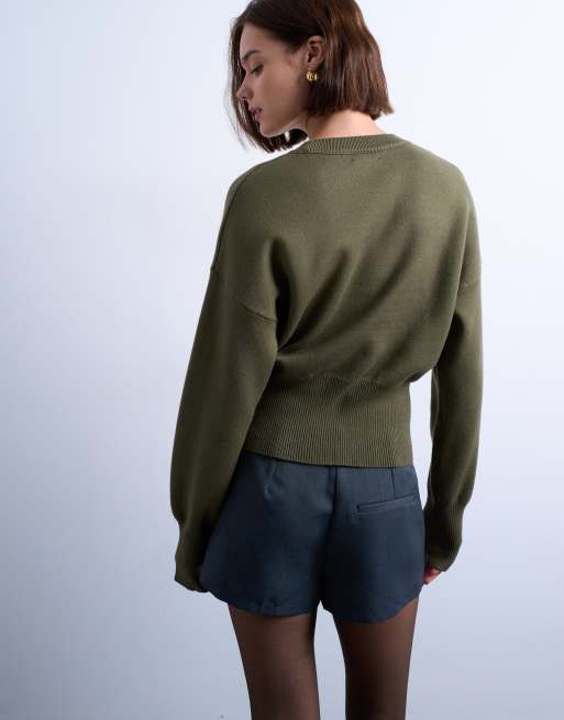 Topshop knit compact fitted waist sweater in khaki