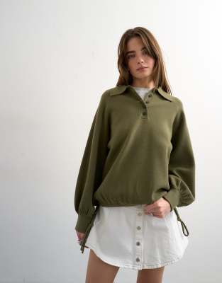 Topshop Knit Compact Utility Cinch Hem Polo Shirt In Green