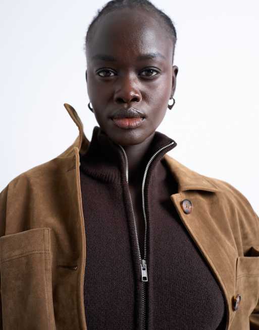 Topshop – Kompakter Strickpullover in Schokobraun mit Stehkragen und durchgehendem Reißverschluss