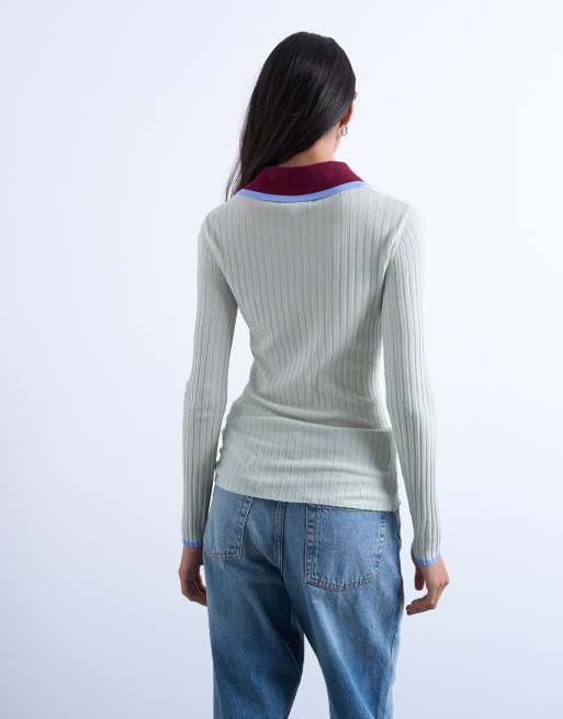 Topshop knit contrast collar sheer ribbed polo in mint