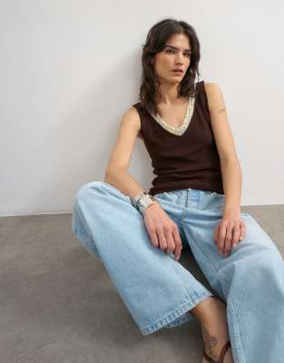 Topshop knit contrast lace tank top in brown with mint contrast lace