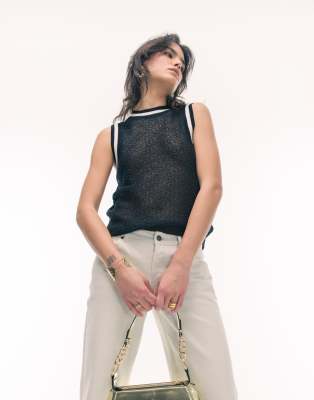 knit contrast trim tank top in black
