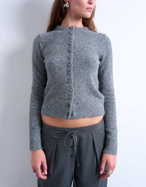 Topshop knit covered button cardigan in gray