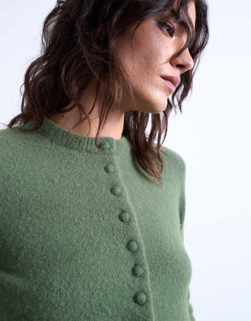 Topshop knit covered buttons cardigan in green, 3 of 4