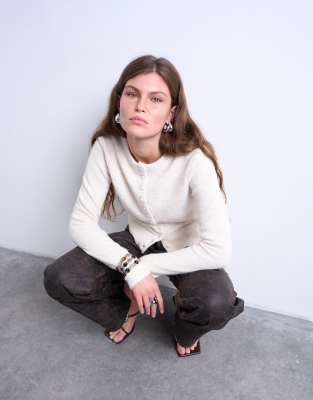 Topshop Knit Covered Buttons Cardigan In White