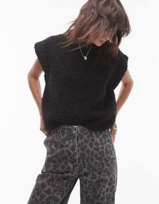 knit crew boucle rib off shoulder relaxed vest in black