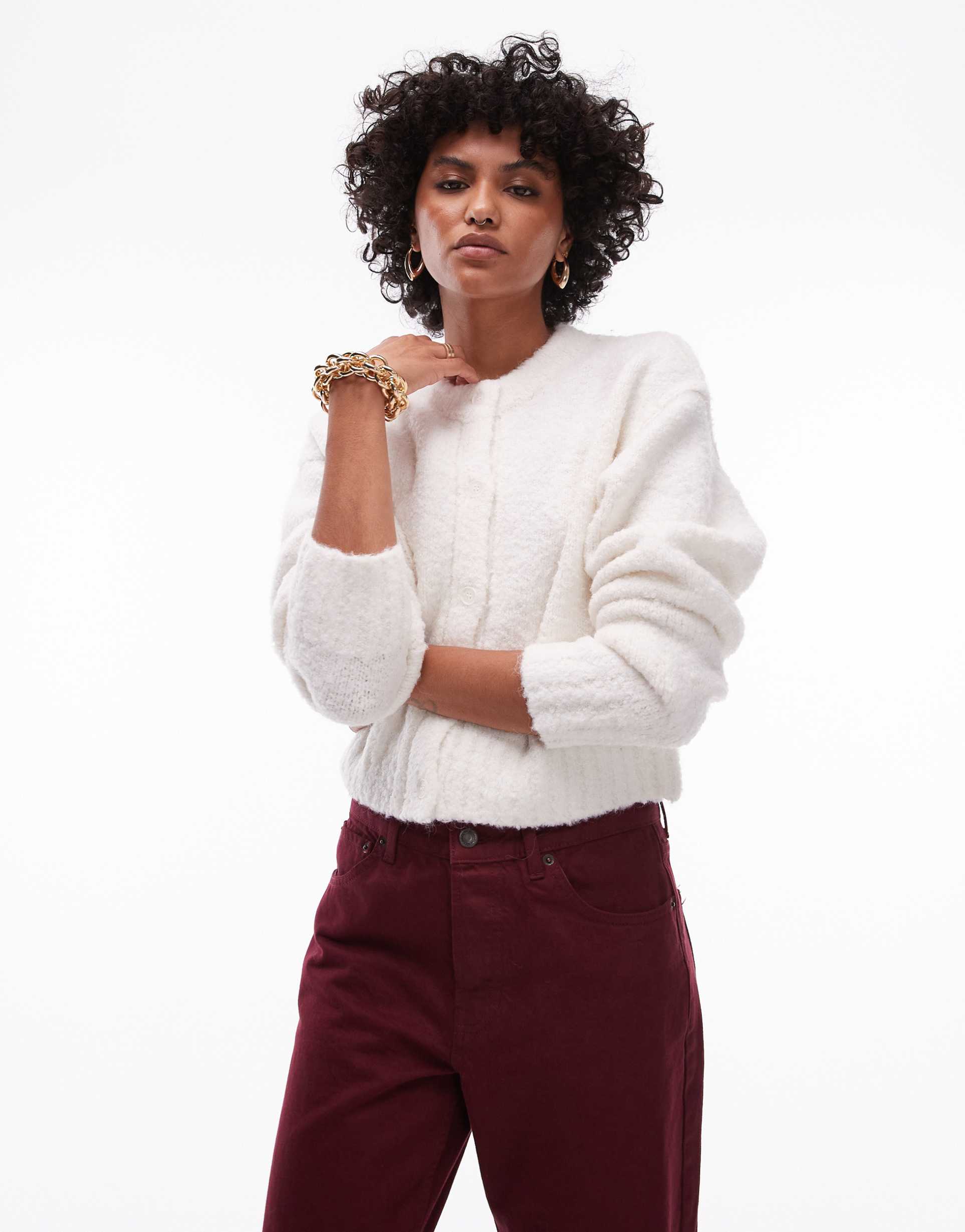 topshop knit crew neck boucle cardigan in cream