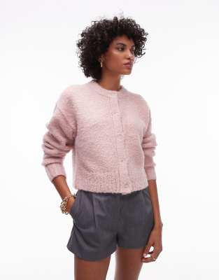 Topshop Knit Crew Neck Boucle Cardigan In Pink-red